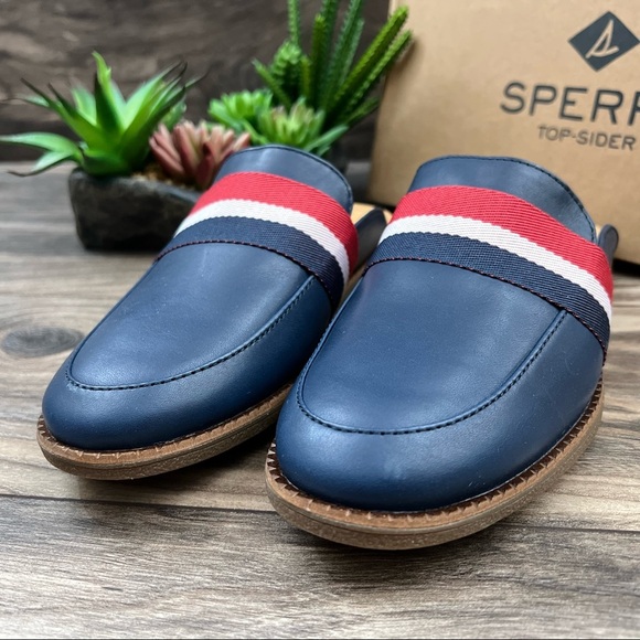 NIB Sperry Waypoint Leather Mule Slip On Shoes 8M Navy Memory Foam - Picture 3 of 12